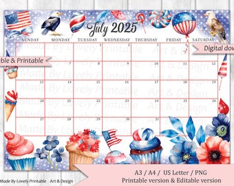EDITABLE July 2025 Calendar, 4th of July, Independence Day Planner, Printable Fillable Calendar Planner, 4th of July Day Planner, Instan4