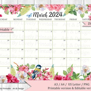 EDITABLE March 2024 Calendar, Watercolor Spring Flowers, Garden Scenery