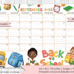 EDITABLE September 2025 Calendar, Cute back to school planner, Calendar for Home & Office, Printable Fillable Planner, Kid&#39;s School Schedule