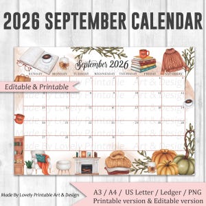 MODIFIABLE calendrier de septembre 2026, ambiance d'automne confortable, bel automne d'automne, calendrier d'automne, agenda imprimable à remplir, calendrier scolaire pour enfants