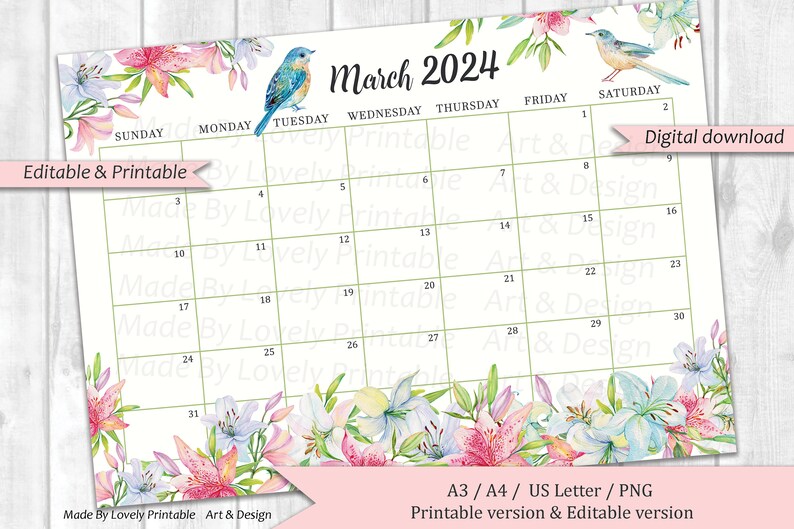 EDITABLE March 2024 Calendar, Watercolor Spring Flowers, Garden Scenery