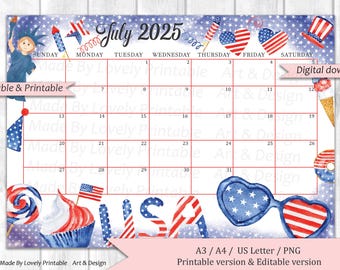 EDITABLE July 2025 Calendar, 4th of July, Independence Day Planner, Printable Fillable Calendar Planner, 4th of July Day Planner, Instant