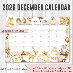 REDIGERBAR december 2026-kalender, guldfärgad god jul, utskrivbar månadskalender, julplanerare, skolschema för barn, direktnedladdning