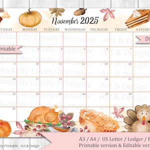 EDITABLE November 2025 Calendar, Watercolor Thanksgiving Day, cute Turkey, Autumn calendar, Printable Fillable Planner, Kids School Schedule