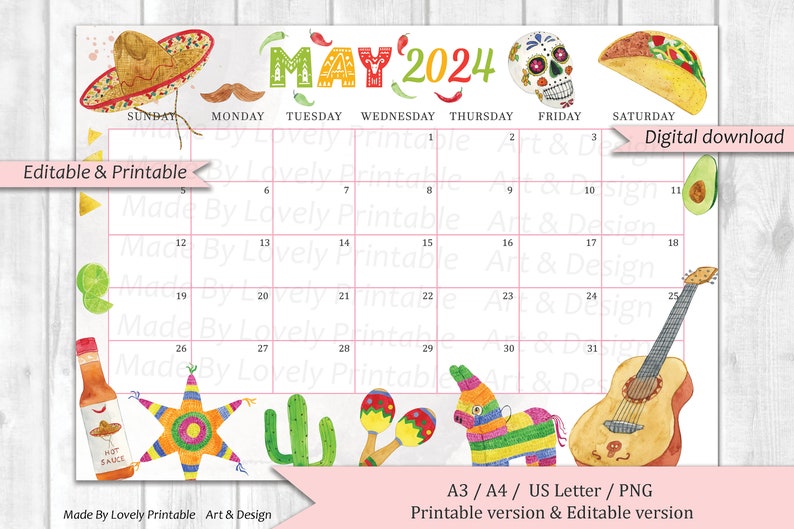 EDITABLE May 2024 Calendar, Cinco De Mayo Planner, Monthly Planner