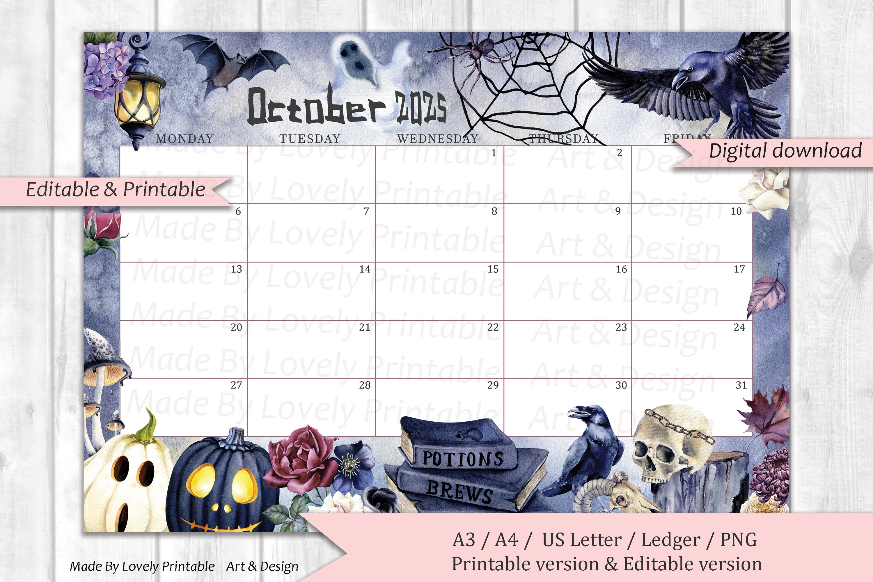 EDITABLE October 2025 Calendar, Happy Spooky Halloween Planner, (mon(00)