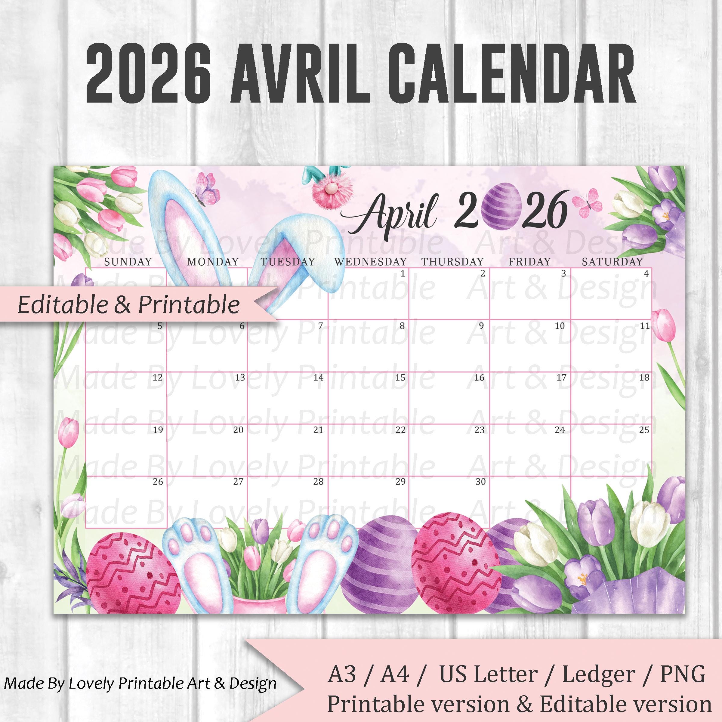 EDITABLE April 2026 Calendar, Monthly Planner, Happy Easter Day