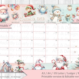 EDITABLE December 2025 Calendar, Pastel pink Christmas, Printable Monthly Calendar, Christmas Planner, Kids School Schedule Instant Download
