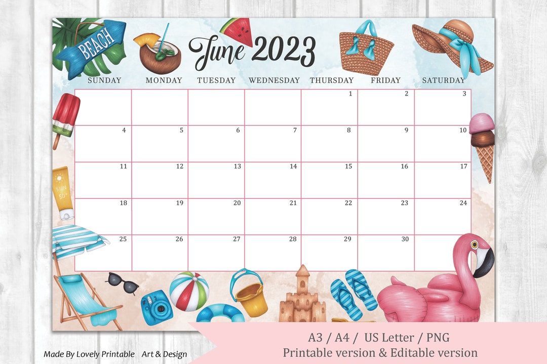 EDITABLE June Calendar Summer at the Beach With Cute Sun and Etsy EDITABLE June Calendar Summer at the Beach With Cute Sun and Etsy