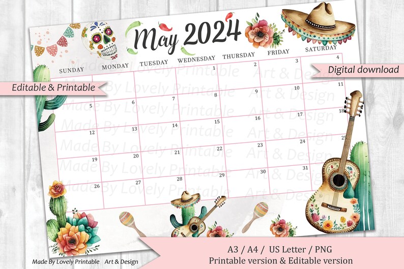 EDITABLE May 2024 Calendar, Cinco De Mayo Planner, Monthly Planner