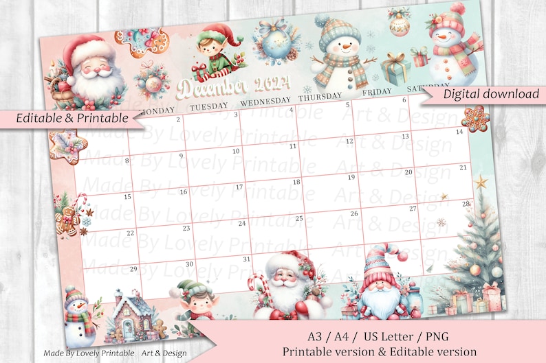 EDITABLE December 2024 Calendar, Pastel Christmas, Printable Monthly ...