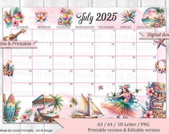 EDITABLE July Calendar, Tropical Summer Beach, Joyful & Colorful Summer at the Beach, Printable Fillable Planner for Work, Instant Download
