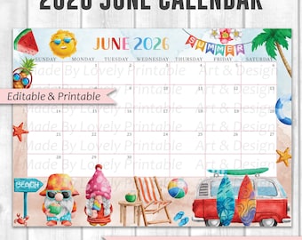 EDITABLE June Calendar, Summer at the Beach with Cute Sun and fresh fruit, Printable Fillable Planner for Home & Work, Instant Download