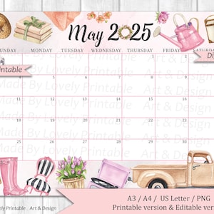 Calendrier modifiable de mai 2025, décoration printanière à l'aquarelle, paysage de jardin, agenda de fête des mères, calendrier scolaire imprimable pour enfants, téléchargement immédiat
