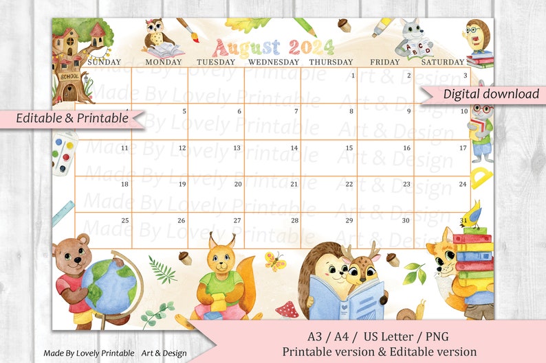EDITABLE August 2024 Calendar, Cute Back to School Planner, Calendar