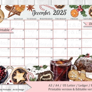 EDITABLE December 2025 Calendar, Christmas Sweets & drinks, Printable Monthly Calendar Planner, Kids School Schedule, Instant Download