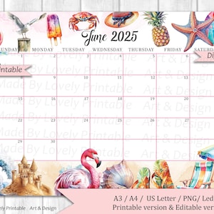 EDITIERBARER Junikalender, Sommer am Strand, süße Sonne und frisches Obst, druckbarer befüllbarer Planer, Kinderschulplaner, Monatskalender