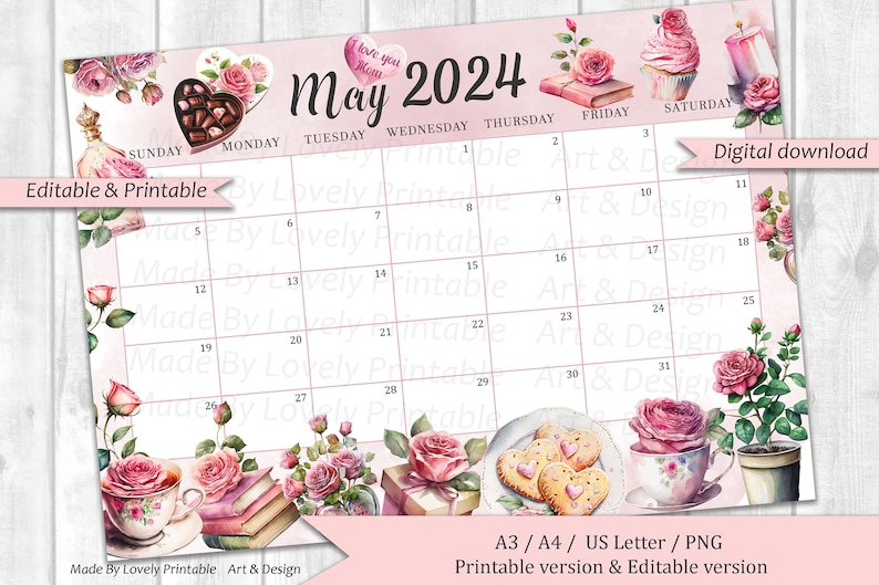 EDITABLE May 2024 Calendar, Mother's Day, Printable Fillable Planner, Kids School Schedule