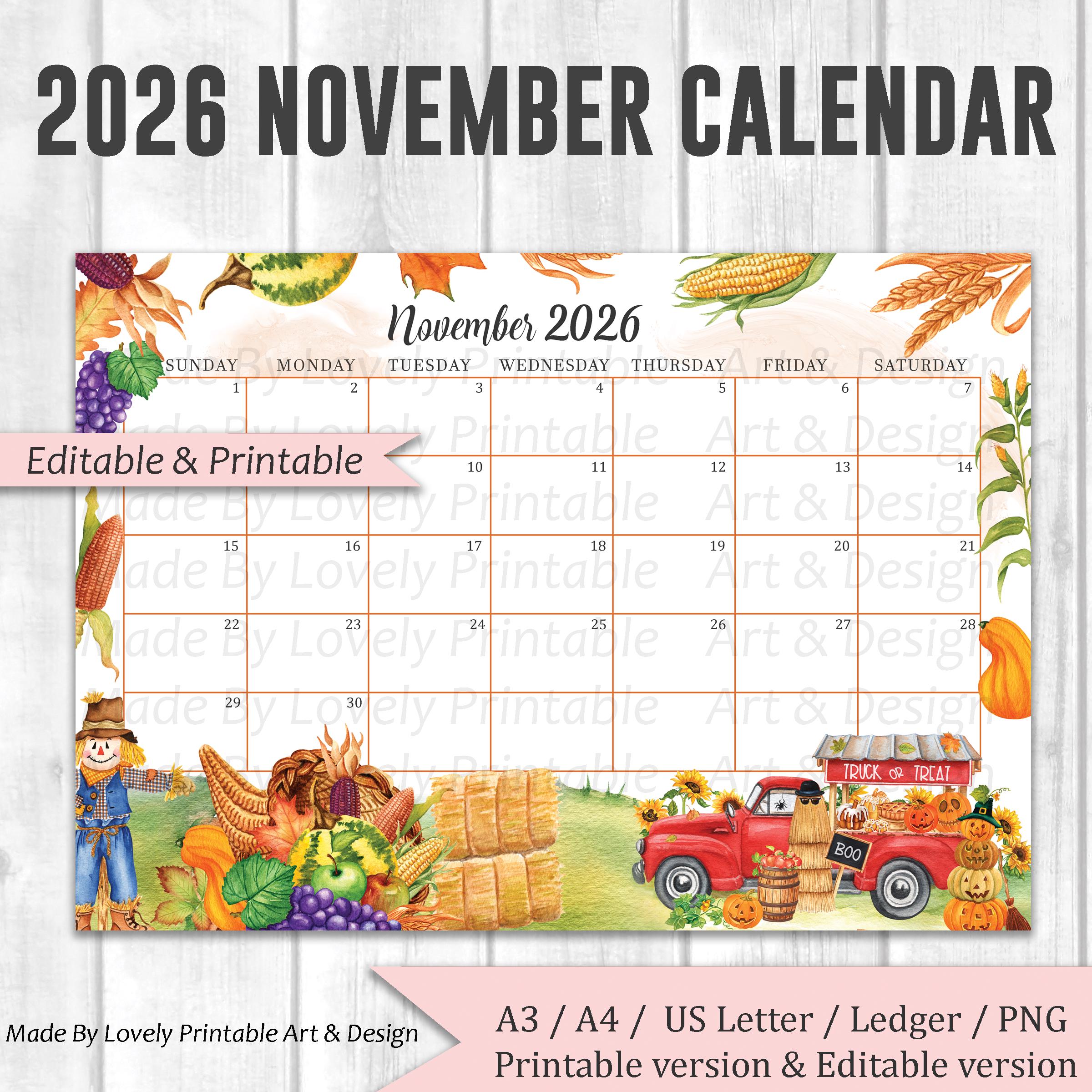 EDITABLE November 2026 Calendar, Watercolor Thanksgiving Day ...