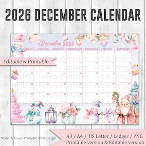 EDITABLE December 2026 Calendar, Pastel Christmas, Printable Monthly Calendar, Christmas Planner, Kids School Schedule, Instant Dow