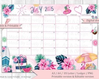 EDITABLE July Calendar, Summer at the Beach, Sun and Beach, Calendar for Home & Office, Printable Fillable Planner, Kid&#39;s School Schedule