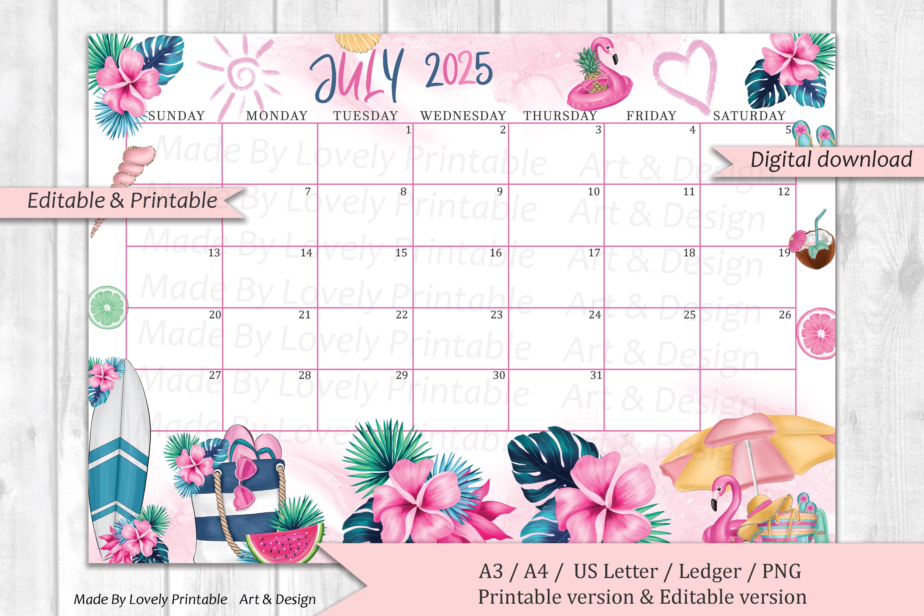 EDITABLE July Calendar, Summer at the Beach, Sun and Beach, Calendar for Home & Office, Printable Fillable Planner, Kid's School Schedule