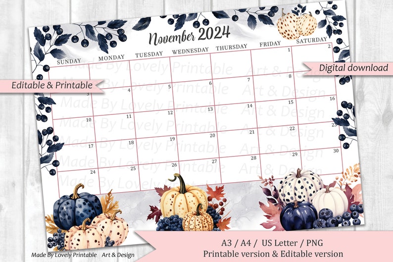 EDITABLE November 2024 Calendar, Watercolor Thanksgiving Day, Pumpkins