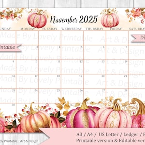 EDITABLE November 2025 Calendar, Watercolor Thanksgiving Day, Autumn calendar, Pumpkins, Printable Fillable Planner, Kids School Schedule