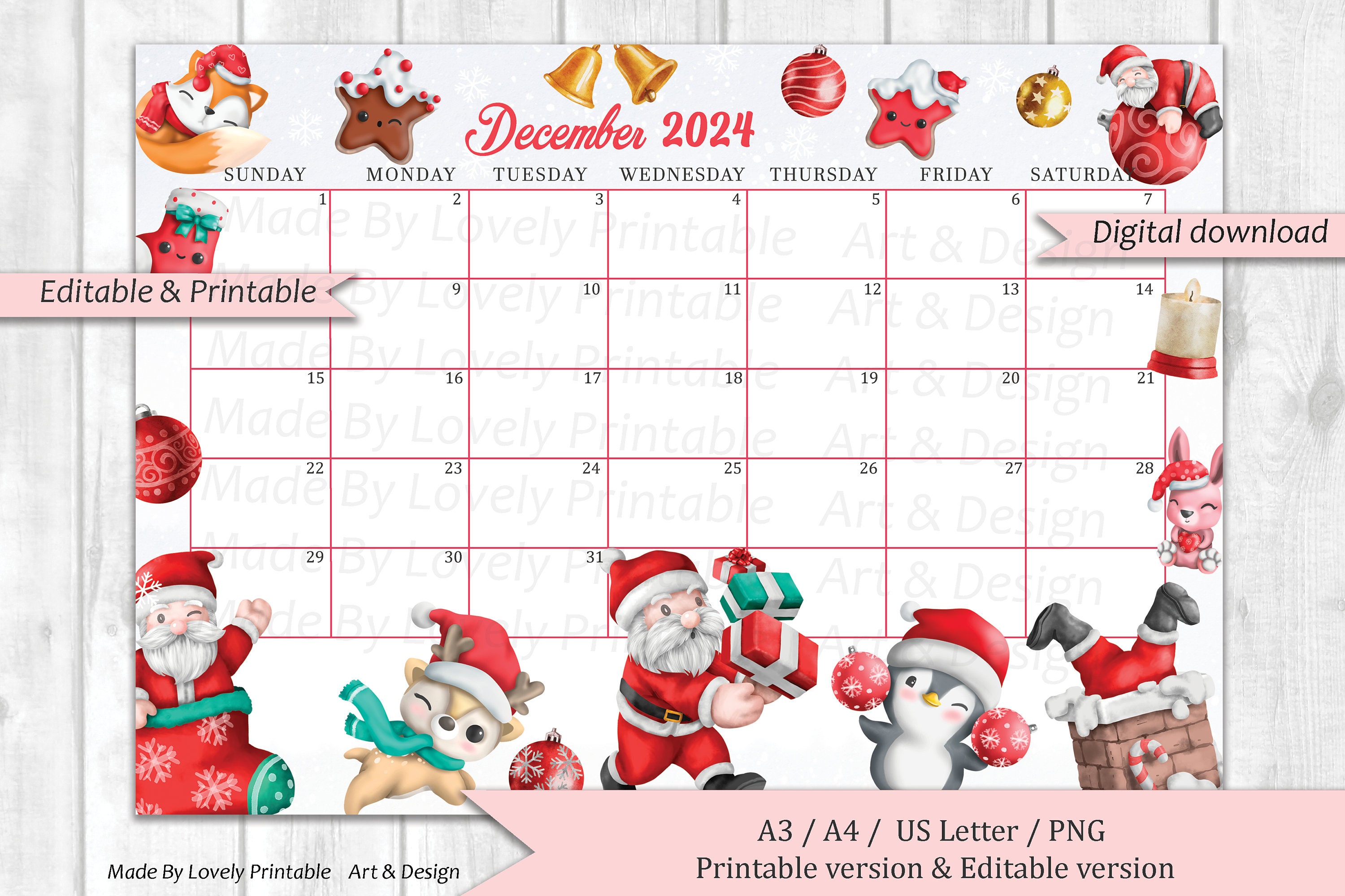 EDITABLE December Calendar Funny Christmas Santa Deer and Pinguin