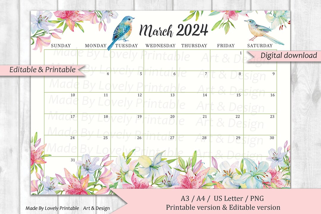 EDITABLE March 2024 Calendar, Watercolor Spring Flowers, Garden Scenery