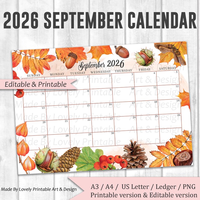 Printable Script September Fall EDITABLE September 2026 Calendar, Cozy Autumn Mood, Beautiful Fall ...