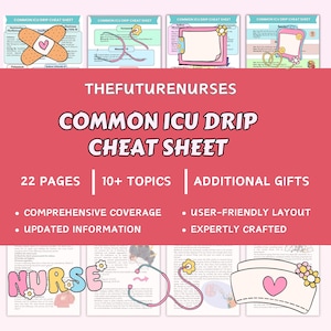May include: A pink and white graphic for nurses, titled "COMMON ICU DRIP CHEAT SHEET" with the text "THEFUTURENURSES". The sheet includes 22 pages, 10+ topics, and additional gifts. It features a user-friendly layout and comprehensive coverage.
