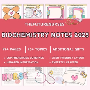 Może przedstawiać: Cyfrowy plik do pobrania w kolorze różowym i białym z notatkami z biochemii dla studentów pielęgniarstwa. Notatki obejmują ponad 99 stron, ponad 25 tematów i dodatkowe prezenty. Tekst "THEFUTURENURSES BIOCHEMISTRY NOTES 2025" jest wyświetlany na różowym banerze.