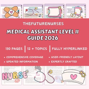 Könnte beinhalten: Ein rosa-weißes Handbuch mit dem Titel "MEDICAL ASSISTANT LEVEL II GUIDE 2026" mit dem Text "THEFUTURENURSES". Das Handbuch hat 130 Seiten, 12+ Themen und ist vollständig verlinkt. Zusätzlicher Text umfasst "Umfassende Abdeckung" und "Aktualisierte Informationen".