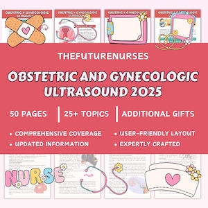 May include: A medical educational resource with a pink and red design. The text reads "OBSTETRIC AND GYNECOLOGIC ULTRASOUND 2025" with details on topics, pages, and gifts. Includes illustrations of medical tools and a nurse's cap.