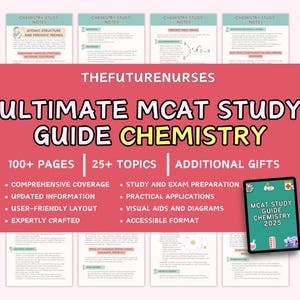 以下が含まれることがあります： MCAT 試験のためのピンクと白のデジタルダウンロードスタディガイドで、「Ultimate MCAT Study Guide Chemistry」というタイトルが付いています。このガイドには、100 ページ以上、25 のトピック以上、および追加のギフトが含まれています。このガイドは、包括的なカバレッジ、最新の情報、ユーザーフレンドリーなレイアウト、およびアクセスしやすいフォーマットを提供しています。