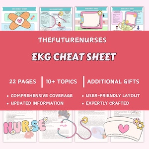 May include: A collection of EKG cheat sheets with the text "THEFUTURENURSES EKG CHEAT SHEET". The sheets include topics, comprehensive coverage, updated information, and a user-friendly layout. Additional gifts are included. The word "NURSE" is also visible.