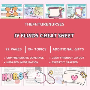 May include: A collection of IV Fluids Cheat Sheets with the text "THEFUTURENURSES" and "IV FLUIDS CHEAT SHEET". The image includes the text "22 PAGES", "10+ TOPICS", and "ADDITIONAL GIFTS". The image also includes the text "COMPREHENSIVE COVERAGE", "UPDATED INFORMATION", "USER-FRIENDLY LAYOUT", and "EXPERTLY CRAFTED".