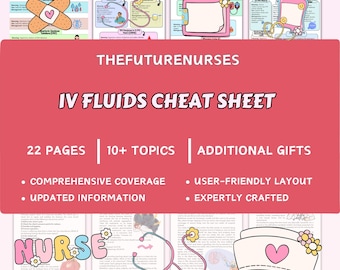 May include: A collection of IV Fluids Cheat Sheets with the text "THEFUTURENURSES" and "IV FLUIDS CHEAT SHEET". The image includes the text "22 PAGES", "10+ TOPICS", and "ADDITIONAL GIFTS". The image also includes the text "COMPREHENSIVE COVERAGE", "UPDATED INFORMATION", "USER-FRIENDLY LAYOUT", and "EXPERTLY CRAFTED".