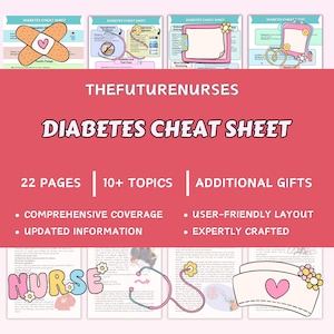 May include: A pink and white graphic with the text "DIABETES CHEAT SHEET" and "THEFUTURENURSES". The image includes illustrations of medical tools and a nurse's cap. Additional text includes "22 pages", "10+ topics", and "additional gifts".