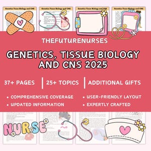Puede incluir: Una descarga digital rosa y blanca para una guía de estudio sobre genética, biología de tejidos y el sistema nervioso central. La guía incluye más de 37 páginas, más de 25 temas y regalos adicionales. El texto "THEFUTURENURSES" está en letras grandes y negritas. El texto "GENETICS, TISSUE BIOLOGY AND CNS 2025" está en letras grandes y negritas. El texto "37+ PAGES | 25+ TOPICS | ADDITIONAL GIFTS" está en letras grandes y negritas. El texto "COMPREHENSIVE COVERAGE | UPDATED INFORMATION" está en letras más pequeñas y negritas. El texto "USER-FRIENDLY LAYOUT | EXPERTLY CRAFTED" está en letras más pequeñas y negritas.