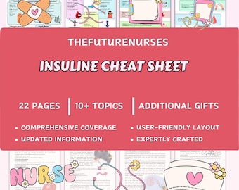 Puede incluir: Material educativo titulado "INSULINE CHEAT SHEET" con fondo rosa. La imagen incluye varias páginas con ilustraciones médicas y texto, junto con el texto "THEFUTURENURSES", "22 PAGES" y "10+ TOPICS". Gráficos adicionales incluyen una gorra de enfermera y un estetoscopio.