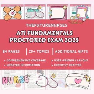 Può includere: Una guida di studio digitale rosa e bianca per l'esame ATI Fundamentals Proctored Exam 2025. La guida include 84 pagine, oltre 25 argomenti e regali aggiuntivi. La guida è descritta come completa, aggiornata, di facile utilizzo e realizzata da esperti.