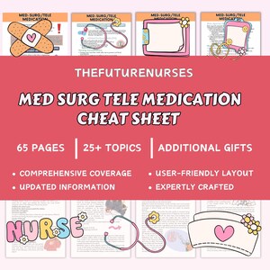 Może przedstawiać: Różowa i biała grafika dla pielęgniarskiej ściągi. Tekst brzmi "MED SURG TELE MEDICATION CHEAT SHEET" ze szczegółami: 65 stron, 25+ tematów i dodatkowe prezenty. Obraz zawiera ilustracje narzędzi medycznych i czepka pielęgniarskiego.
