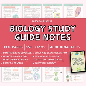 May include: A pink and white graphic with the text "Biology Study Guide Notes" in a large, bold font. The graphic also includes the text "100+ Pages | 55+ Topics | Additional Gifts" and a list of features, such as "Comprehensive Coverage", "Study and Exam Preparation", "Updated Information", "Practical Applications", "User-Friendly Layout", "Visual Aids and Diagrams", "Expertly Crafted", and "Accessible Format". The graphic also includes a small image of a tablet with the text "Biology Notes 2024-25" on the screen.