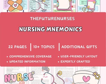 Puede incluir: Un conjunto de hojas de trucos de mnemotécnicos de enfermería con un tema rosa y blanco. El texto incluye "NURSING MNEMONICS", "22 PAGES", "10+ TOPICS" y "ADDITIONAL GIFTS". La imagen también presenta un gorro de enfermera y un estetoscopio.