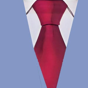 May include: A close-up of a burgundy tie against a light blue background.