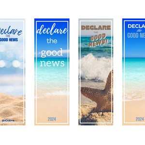 May include: Four bookmark designs with a beach theme. Each bookmark features a blue sky, white sand, and ocean waves. The text on the bookmarks reads "Declare the Good News" and the year "2024".