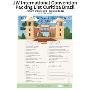Puede incluir: Una lista de empaque imprimible para la Convención Internacional JW en Curitiba, Brasil. La lista de verificación incluye secciones para artículos de tocador, ropa, literatura y artículos varios. El diseño presenta una ilustración estilizada de un edificio.