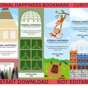Peut inclure: Un marque-page avec le texte « Eternal Happiness International Convention » et la phrase « Les justes posséderont la terre, et ils y vivront pour toujours. Psaume 37:29. » Comprend des illustrations de singes, de bâtiments et d'un capybara.